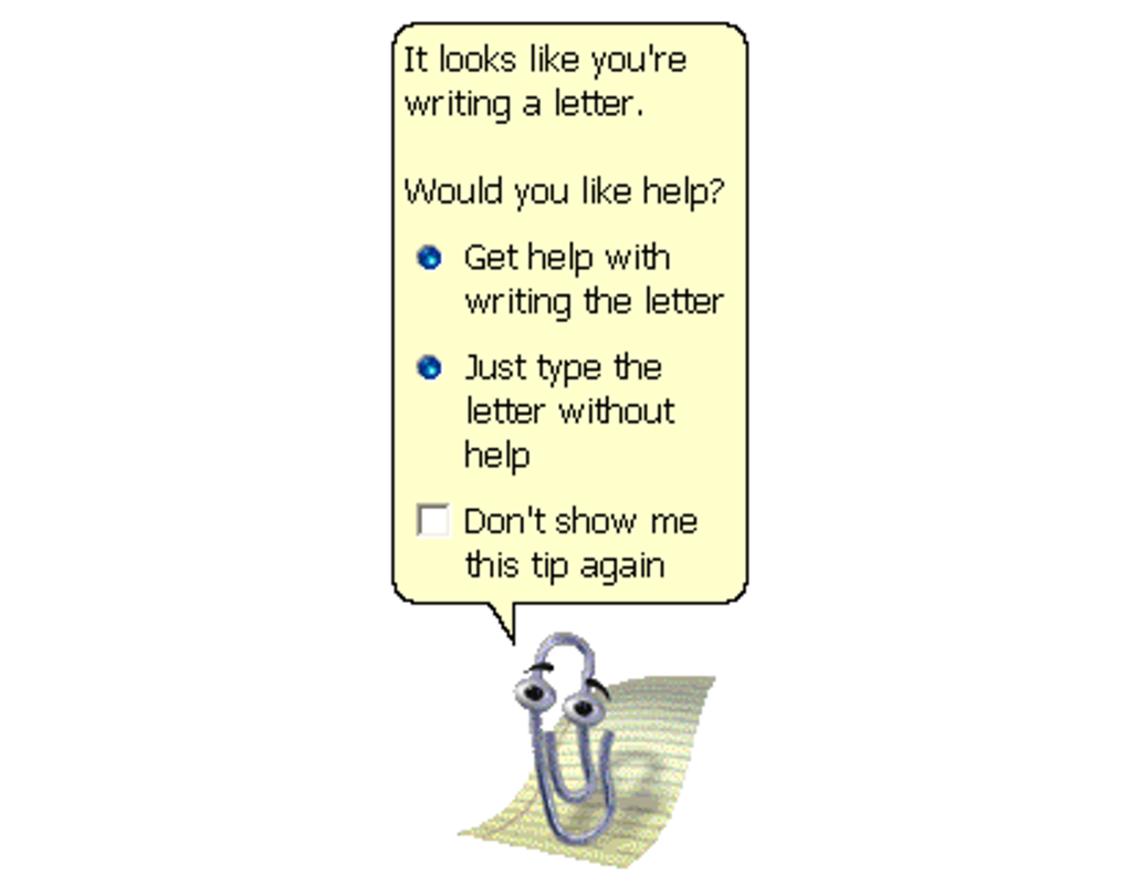 Figure 15: The well know Clippy how tried to help by adding a character to the tasks you may wish to undertake 